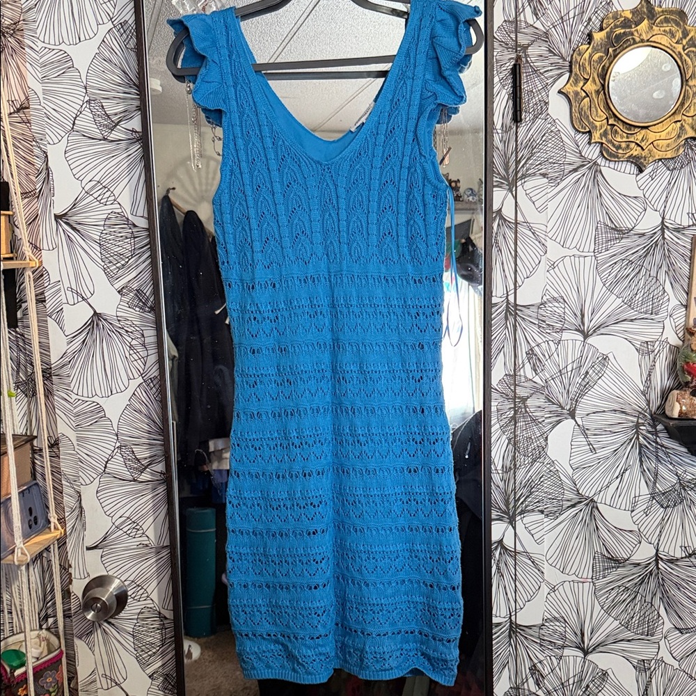 Freshman Bright Blue Crochet Mini Dress with Ruffle Shoulders